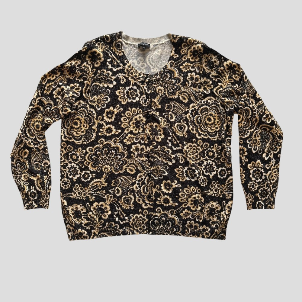 Talbots Woman Black Gold Metallic Paisley Floral Button Front Cardigan XL